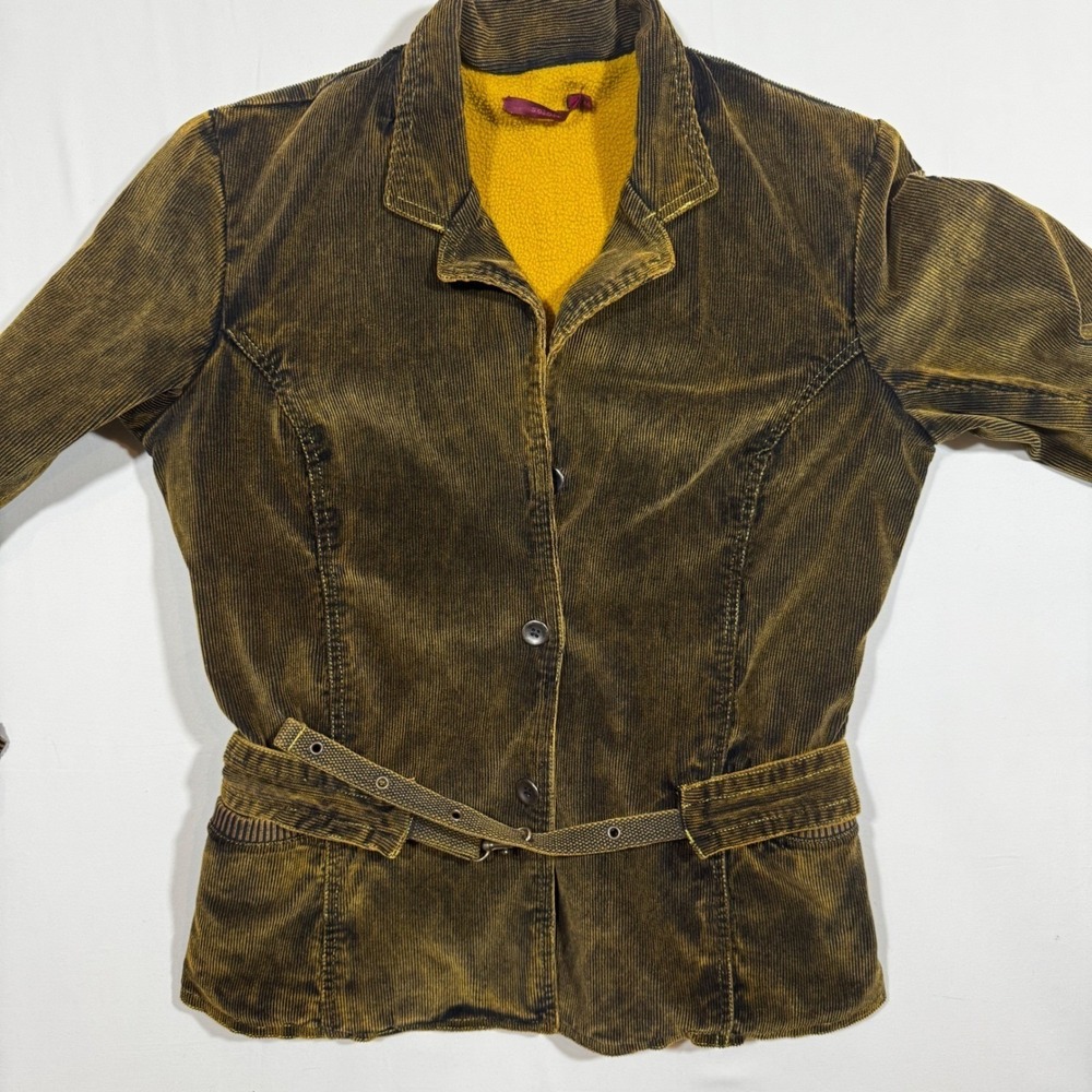 Vintage Y2K Corduroy Jacket Belted Fleece Warm Olive L Academia Steampunk Grunge - Picture 14 of 16
